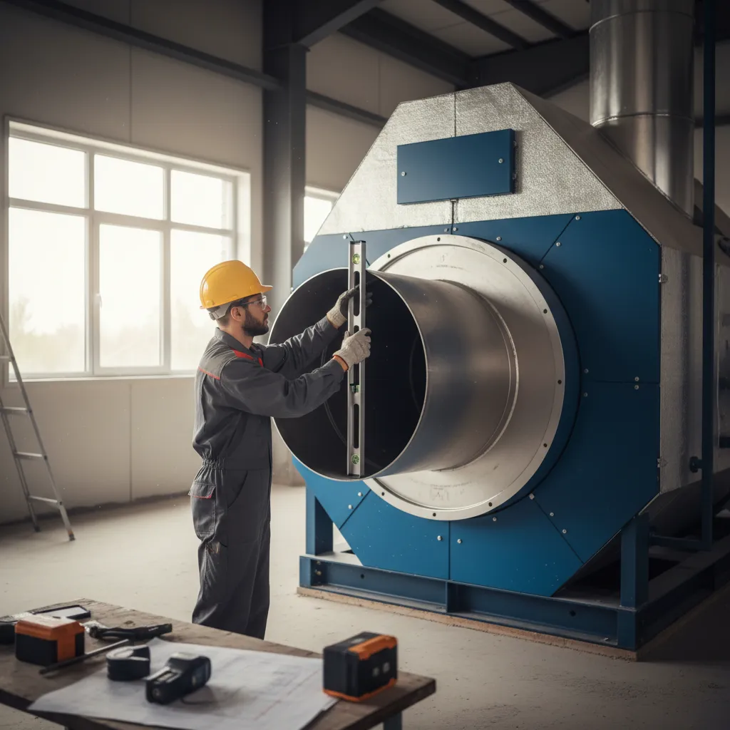 Engineer aligning boiler flue pipe