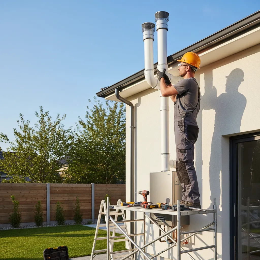 Plumber installing a high-efficiency boiler outdoor venting