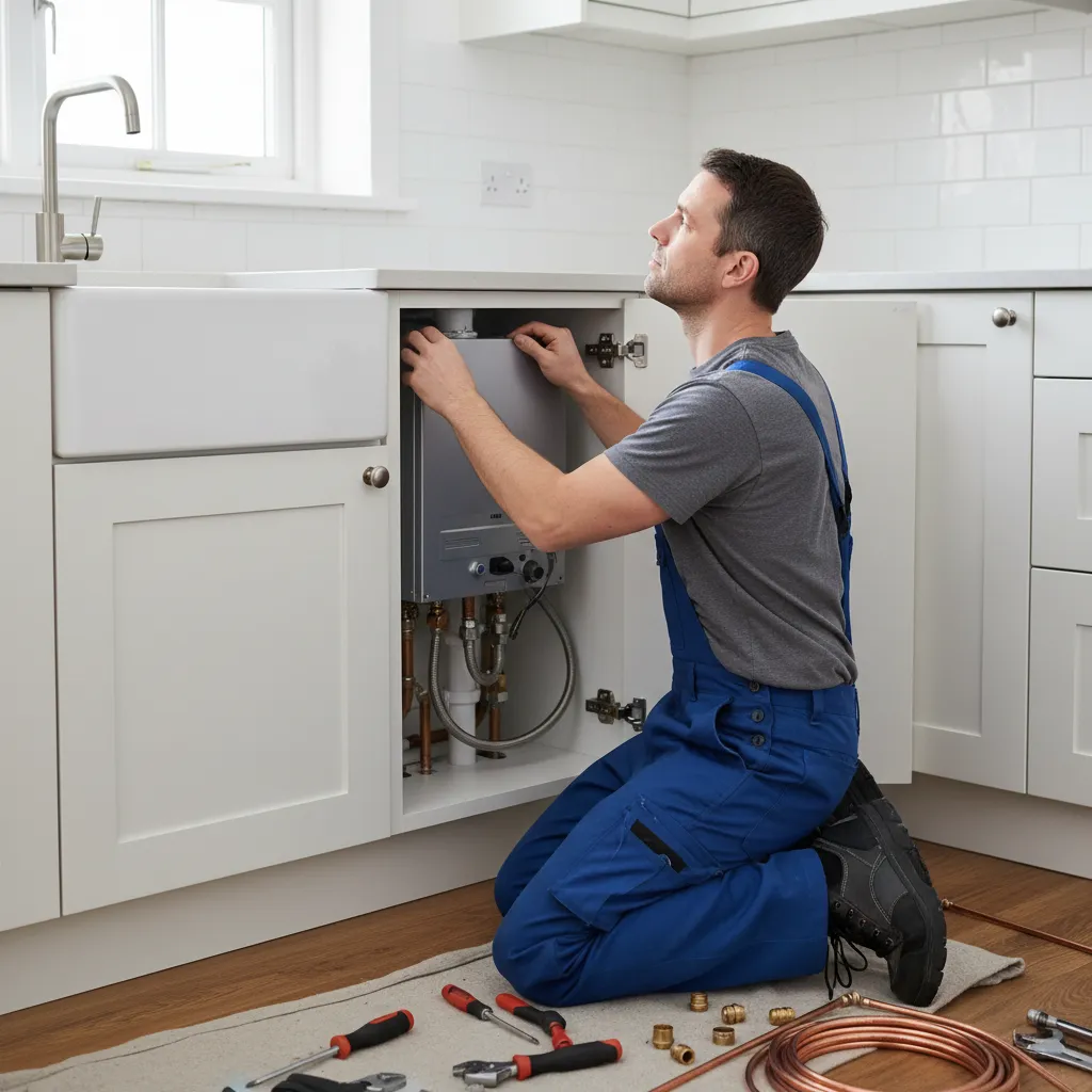 Plumber installing a compact combi boiler