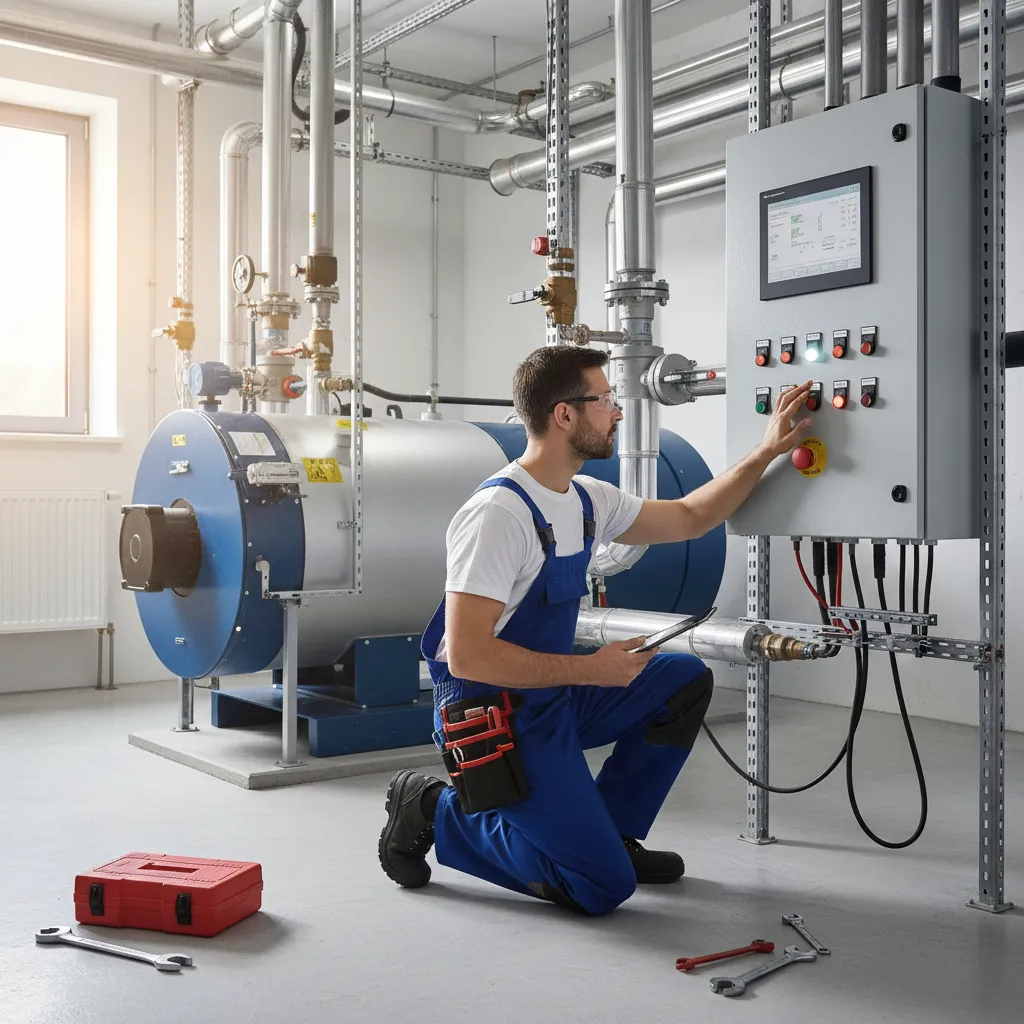 Technician configuring boiler control panel