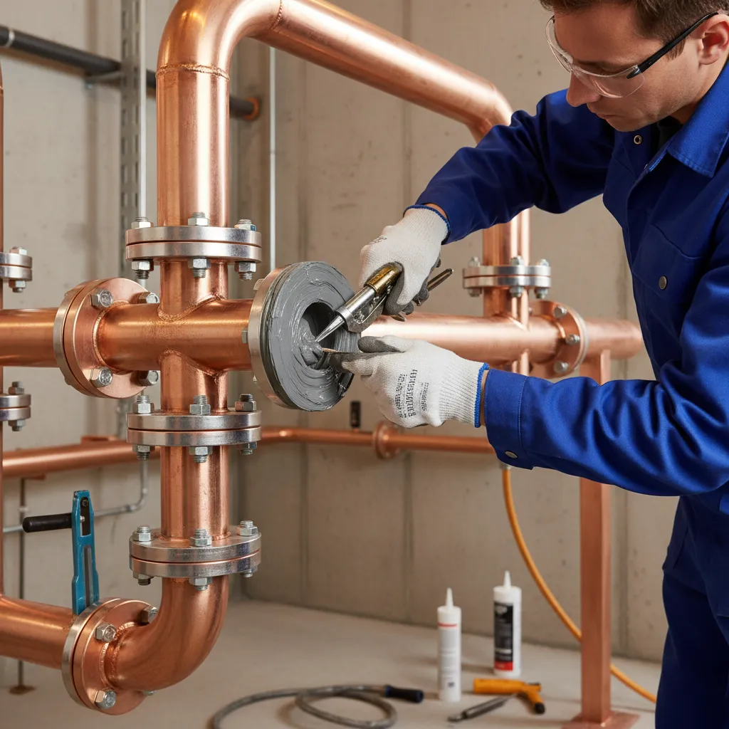 Technician sealing boiler pipe joints