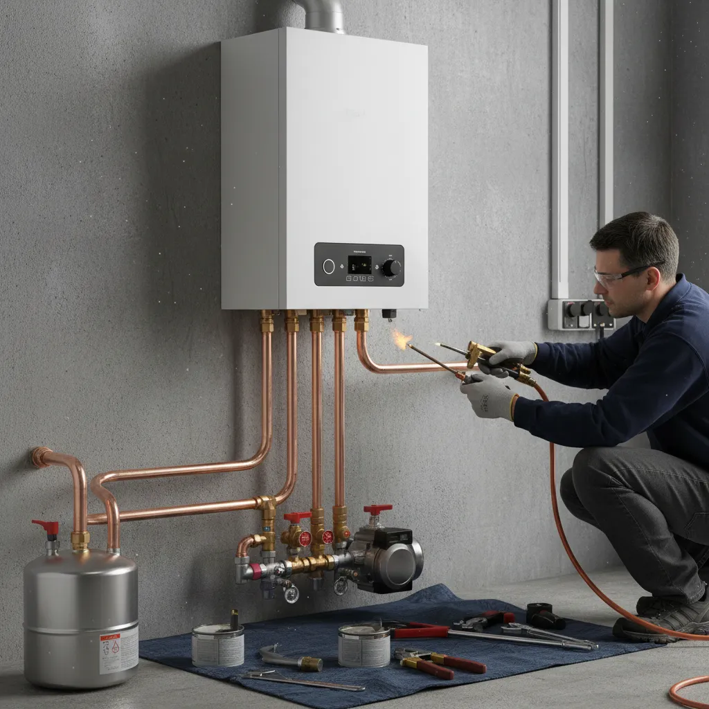 Worker connecting copper pipes for a new boiler system